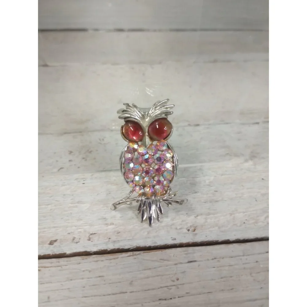 Vintage Silver Tone Rhinestone Pink Stone Owl Bird Brooch Pin Kitsch Boho Granny